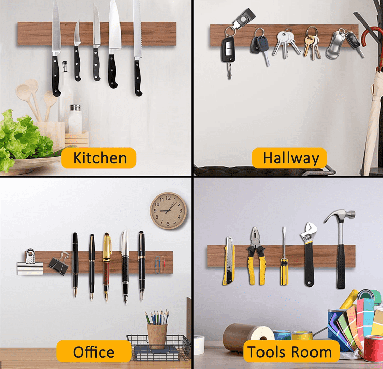 Magnetic Knife Holder for Kitchen Wall - Walnut Wood Knife Strip with Integrated Storage Magnetic Knife Holder for Kitchen Wall - Walnut Wood Knife Strip with Integrated Storage